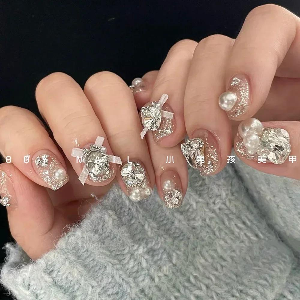 10Pcs Luxury Handmade Long Stiletto Press On Nails 3D Sparkling Diamond Bow Pearl Flower Full Cover Fake Nails