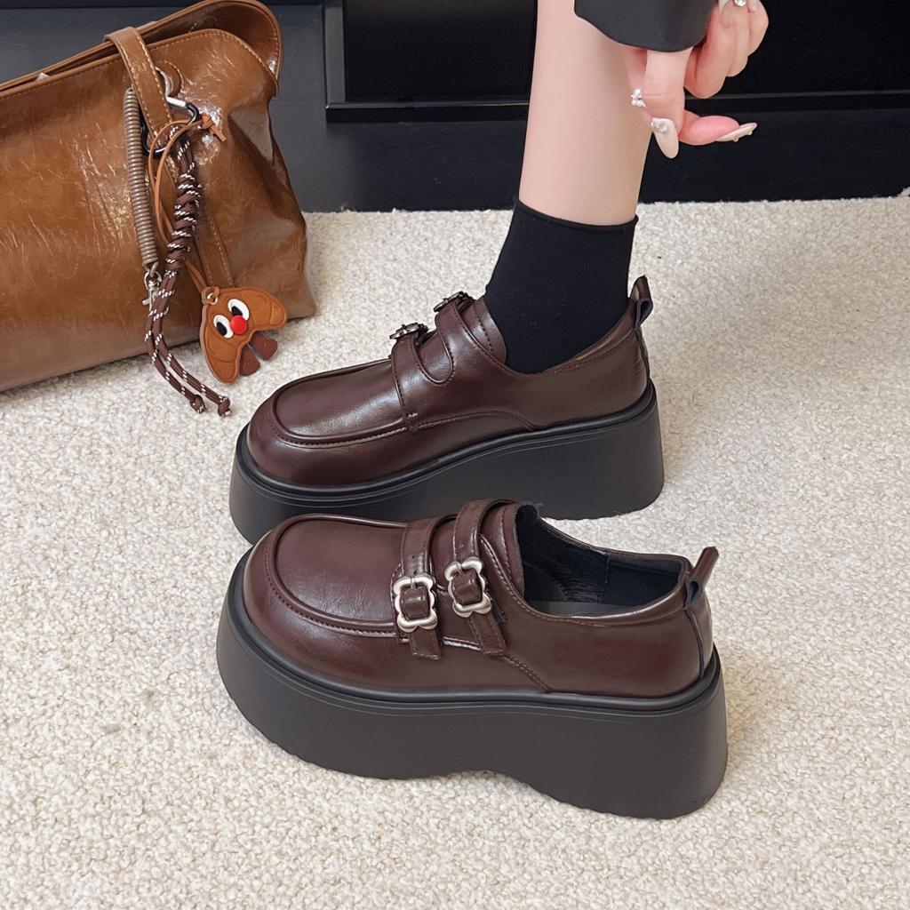 Thick-soled heightening British style small leather shoes women's 2025 new summer and autumn with skirt black loafers one-pedal single shoes