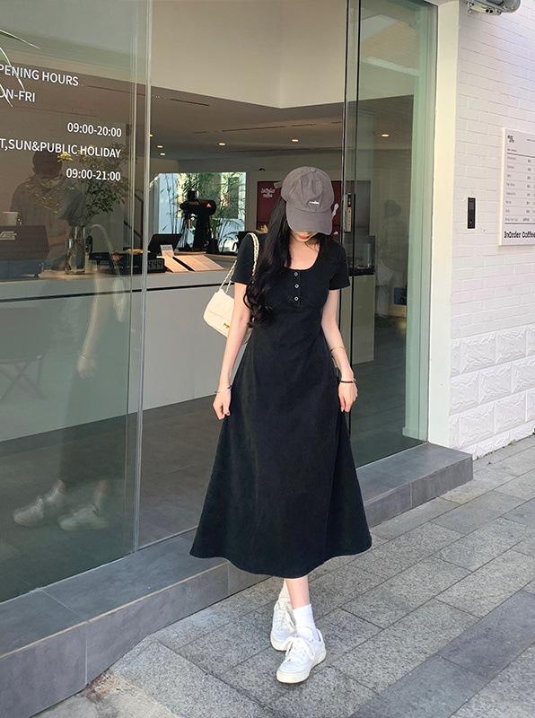 

Plus Size Women s Elegant Short-Sleeve Summer Dress - Waist-Cinched, Flattering Little Black Dress for Tummy Coverage. 3XL (160-180 jin)