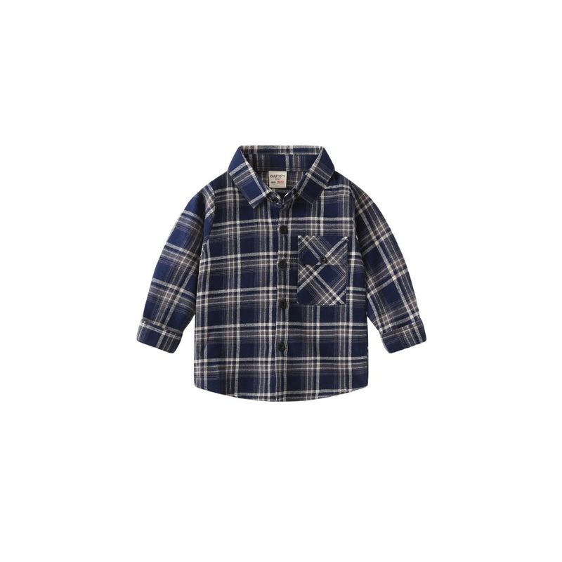 Children's Collared Shirt for Spring and Autumn, Boys' Brushed Plaid Long-Sleeve Shirt, Baby Boy's Square Collar Pure Cotton Casual Top