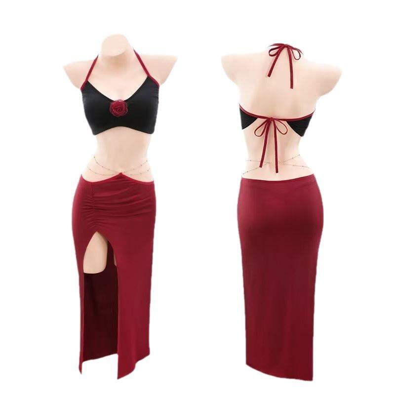 Rose Lady Sexy Backless Cheongsam Nightdress Lingerie Set