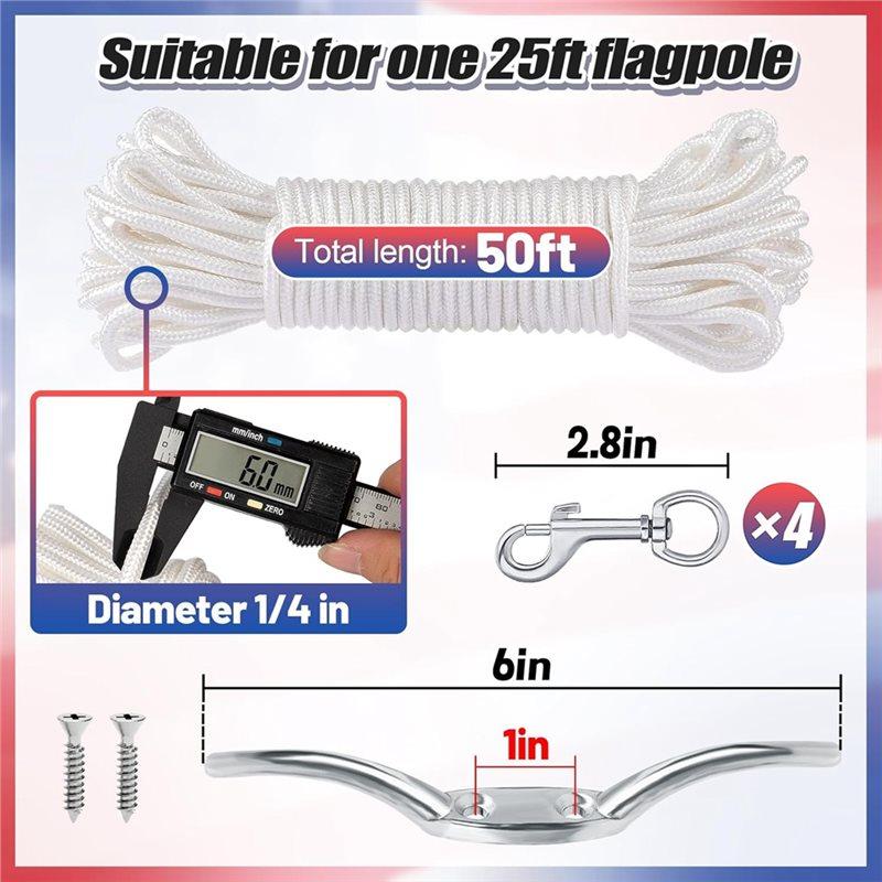 Fresh Flag Rope And Clips Kit - 50Ft Flag Pole Rope Halyard With Cleat Hook & 4 Pcs Swivel Snap Clips For Flagpoles Up To 25Ft