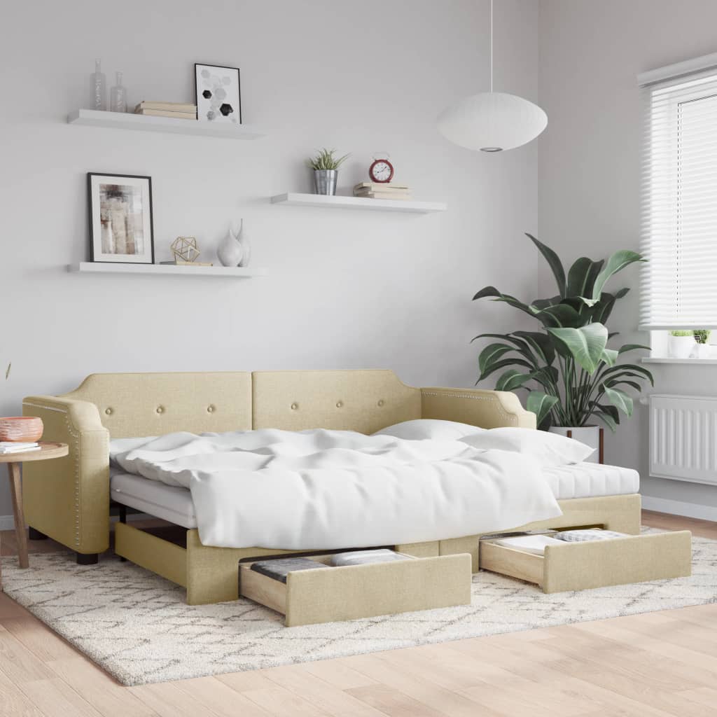 Extendable Daybed with Drawers Cream 80x200 cm Fabric