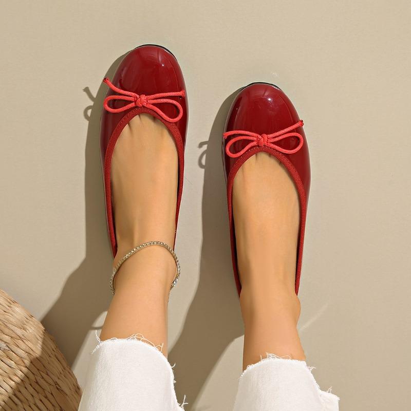 Fashion Simple Flat Single Shoes Women's Fashion Round Toe Light Mouth Patent Leather Bow Slip Soft Sole Non-Slip Low Top Shoes