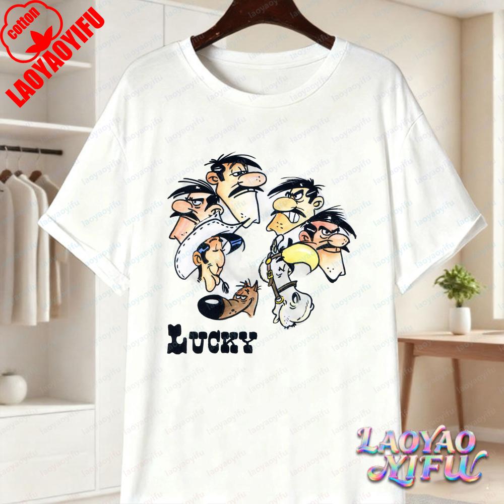 Lucky Luke Vollbesetzung Druck Lässige Oberteile Verspieltes West-Cartoon Baumwoll-T-Shirt Lustiges Vintage Klassisches Anime-Shirt Trend Unisex Kleidung