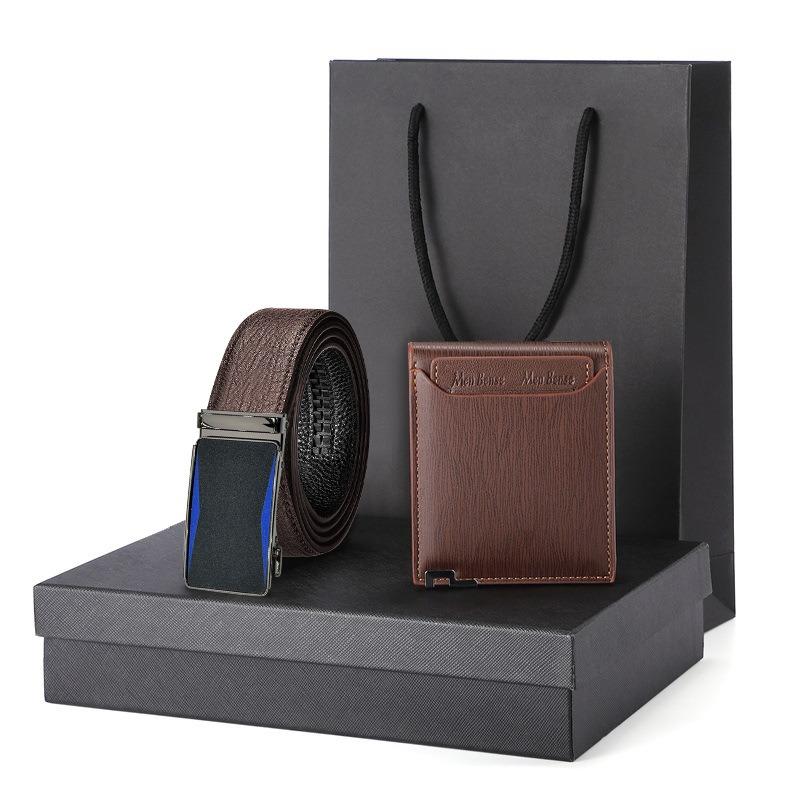 Water Ripple Brown Belt Wallet Set Gift Box Men's Business Gift Logo Genuine Leather Belt