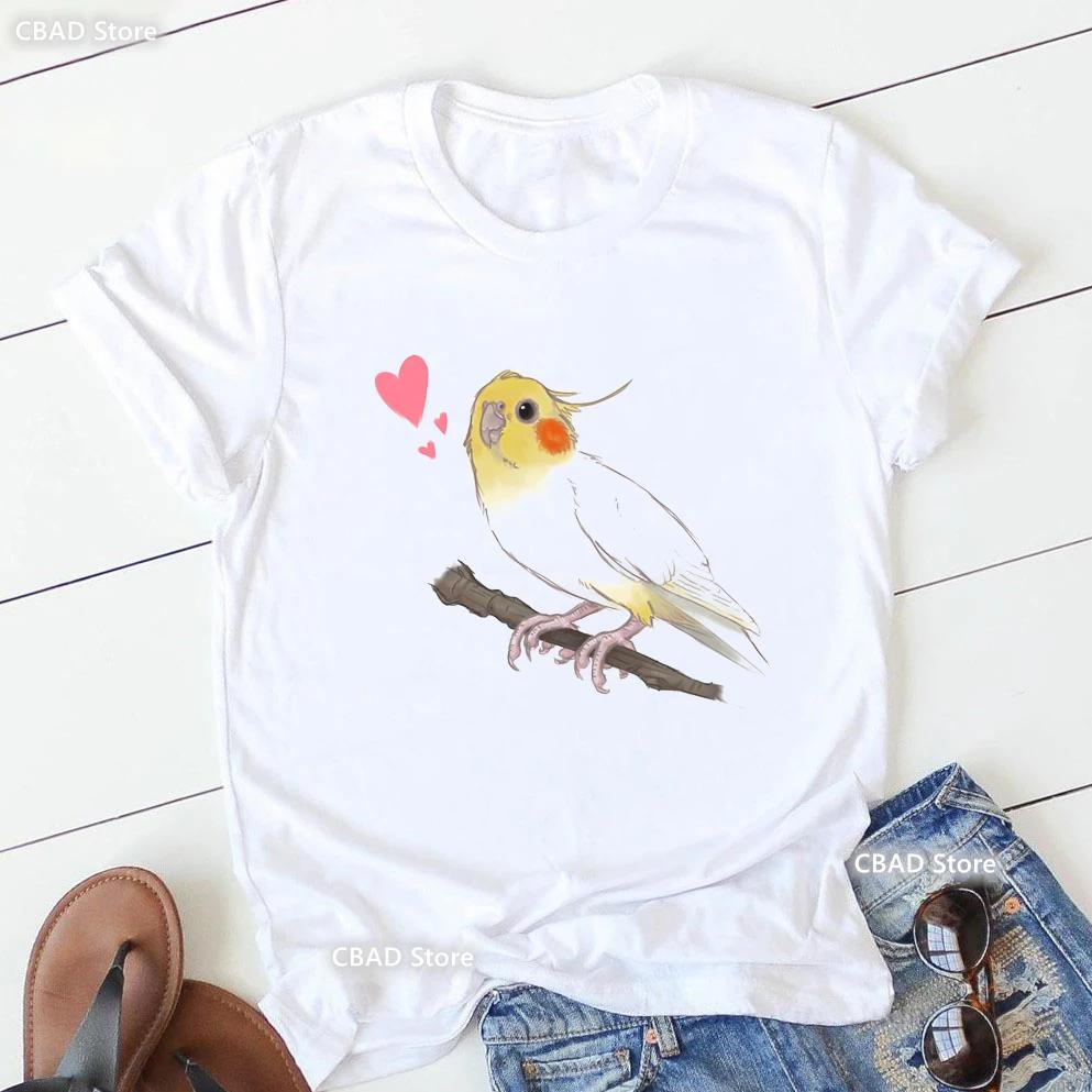 Cute Cockatielsparrot Bird Lovers Print T Shirt Girls Sunflower Flowers Tshirt Unisex Harajuku Kawaii Clothes Summer Tops Tee