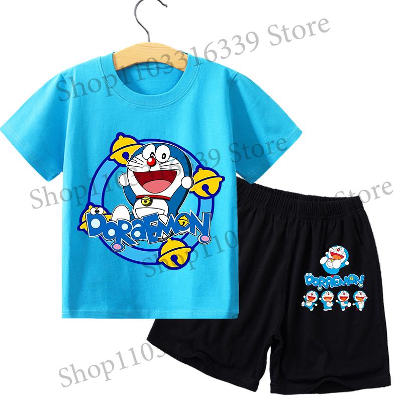 Boy Girl Short Sleeves Shorts 2pcs Set Kid Blue Top Summer Clothes Children T-shirt Set Cute Cartoon Tees