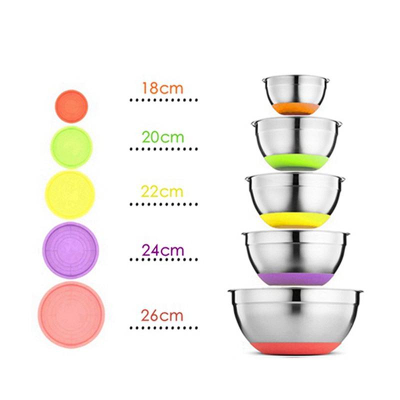 

5 шт./компл. миски из нержавеющей стали с крышками для смешивания, кухонные принадлежности для хранения продуктов, венчик для взбивания яиц, салатница с нескользящим цветным дном