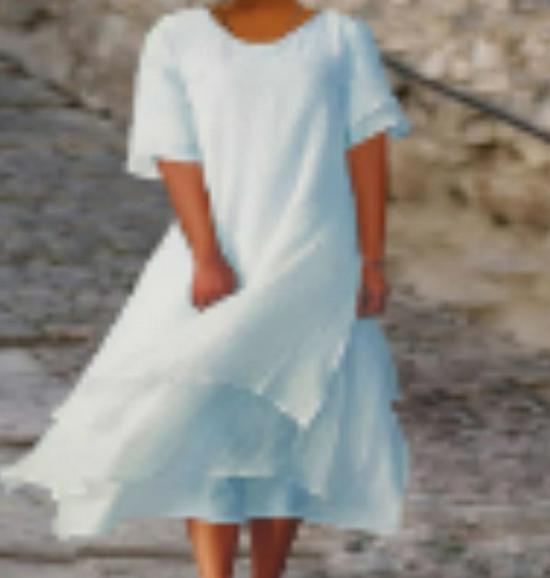 

Хлопково-льняное платье с коротким рукавом и круглым вырезом в стиле колор-блок S светло-синий