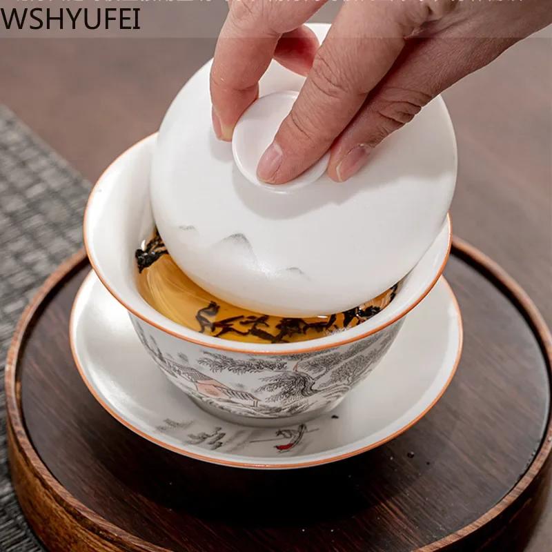 Jingdezhen Ceramic Gaiwan Teacup Handmade Tea Tureen Boutique Tea Bowl Chinese Porcelain Teaware Accessories Drinkware
