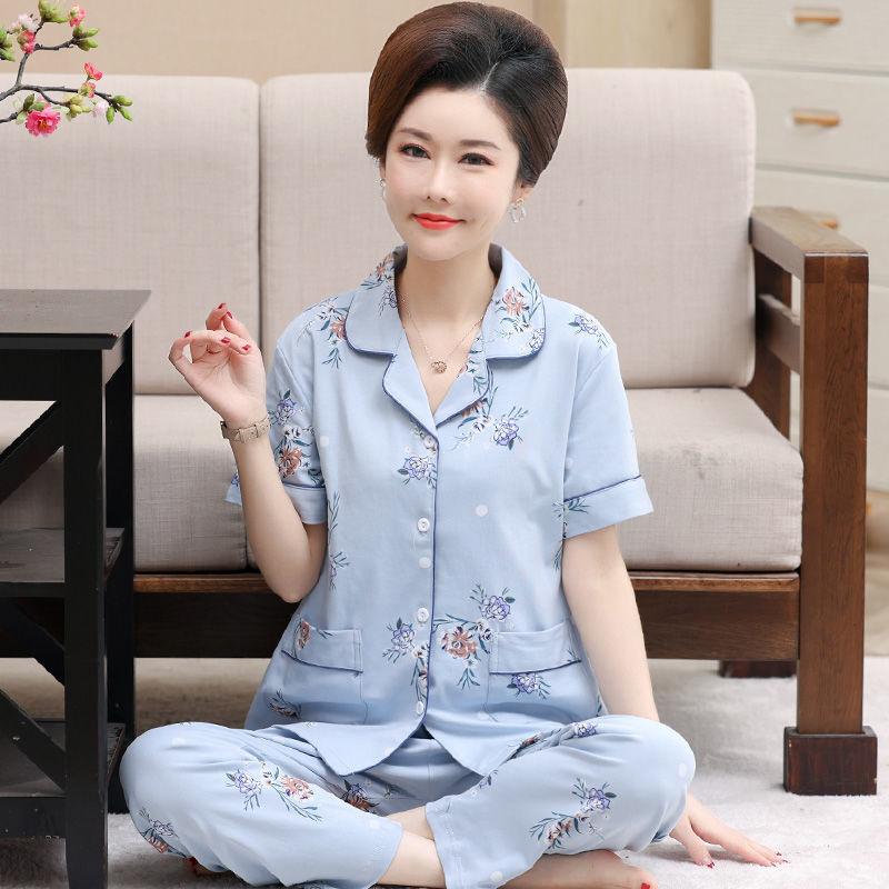 Summer cotton pajamas women's short-sleeved trousers middle-aged women's plus-size cardigan set thin loungewear