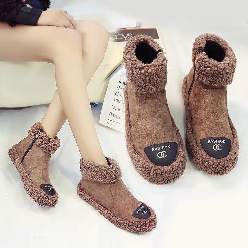 2025 winter new warm velvet cotton shoes women's flat short boots shoes non-slip snow boots women's curly wool shoes