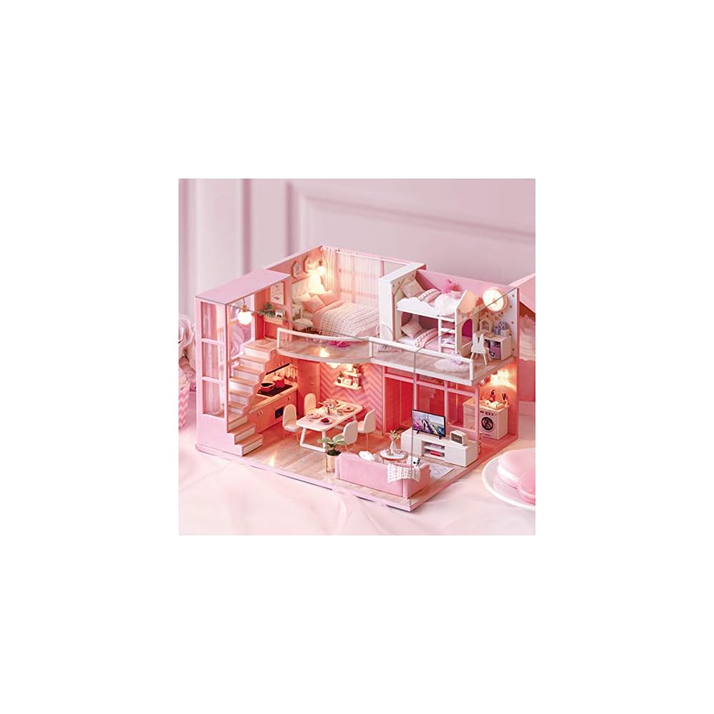 Cuteroom DIY Wooden Dollhouse Kit with LED Light and Music Box Dust Cover Furniture and Miniature Accessories Set