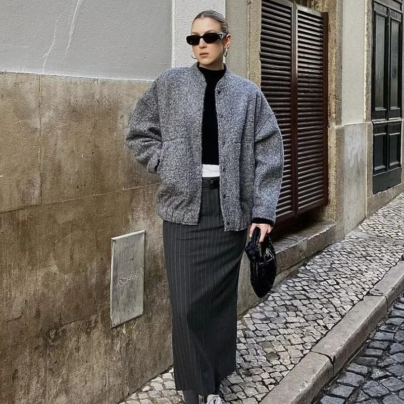 Women Fashion Vintage Pockets Woolen Jacket Autumn Casual Solid Long Sleeve Coat Snap Button Loose Outerwear