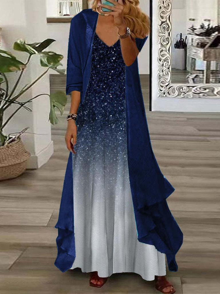 Women's Teal Lace Maxi Dress with Matching Cardigan for Casual Wear