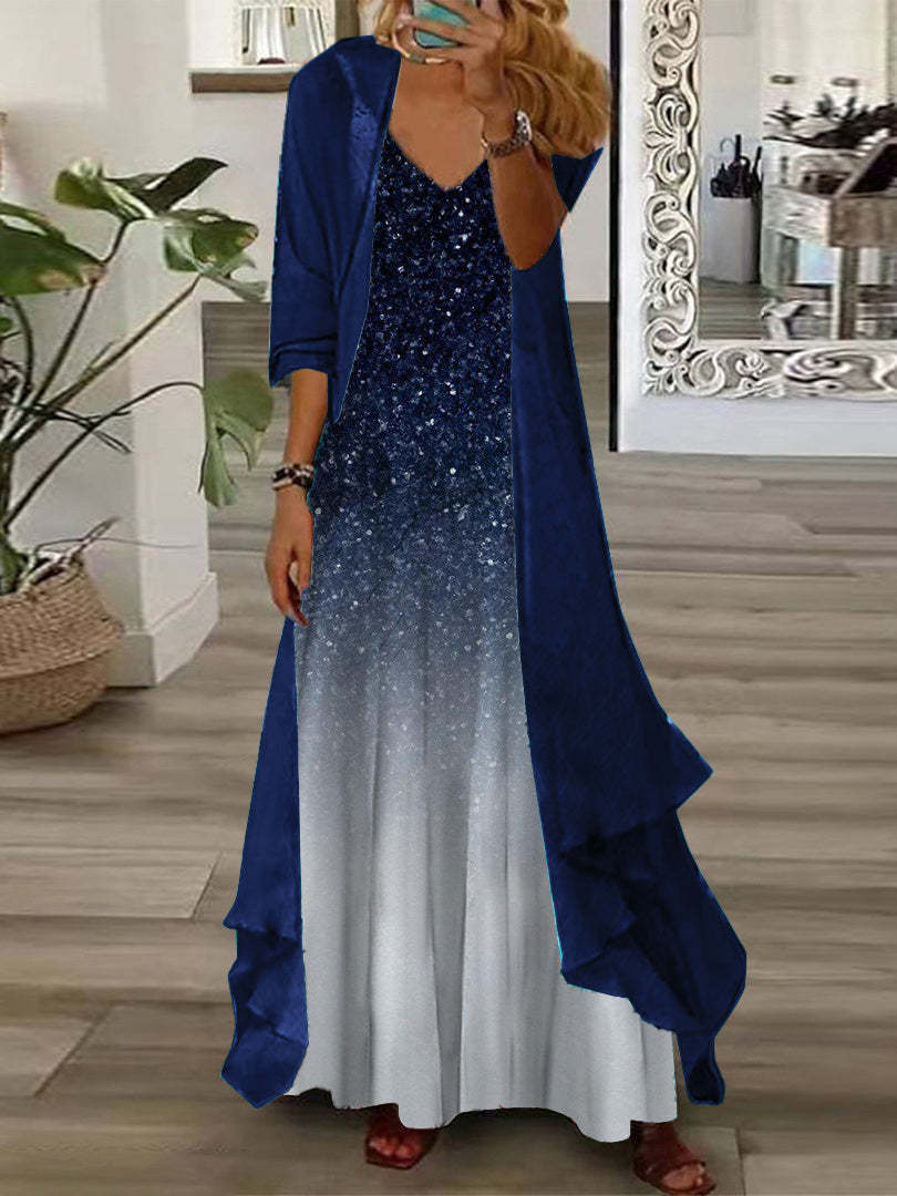 

Женское бирюзовое кружевное платье макси с подходящим кардиганом для повседневной носки XXXL