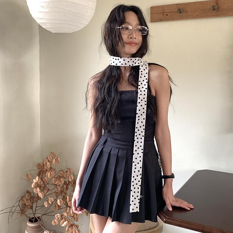 

Vintage Black Polka Dot Rose Long Silk Scarf Wind Spice Girl Ribbon Literary and Art Style Versatile Premium Sense Ribbon