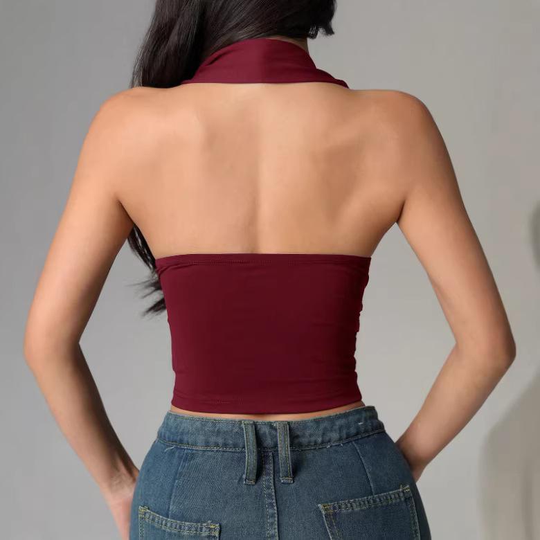 European and American Women's Clothing Sexy Babes Solid Color Pleated Backless Neck Strap Top