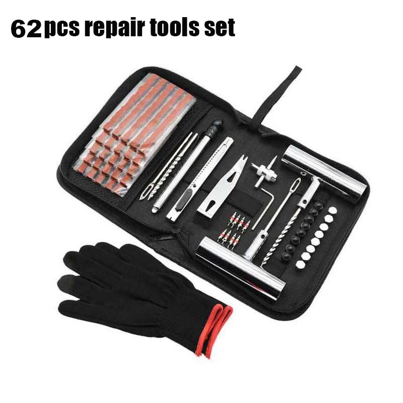 46/62 Pcs Car Tire Repair Kit Auto Bike Tyre Puncture Plug Studding Tool Set Garage Emergency Accessory