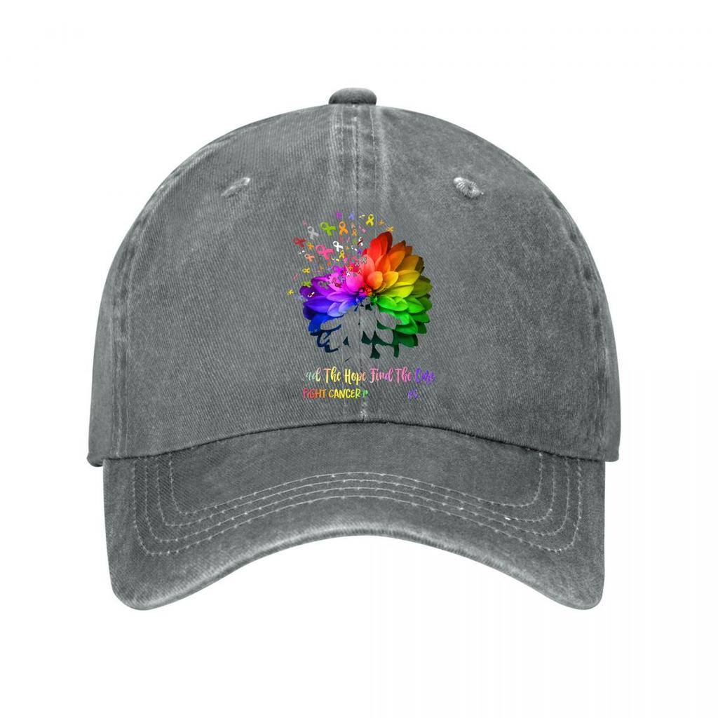 Rainbow Flower Cancer Ribbons Fight Cancer Wall Art Washed Baseball Cap Outdoor For Womens Unisex FeUnisex