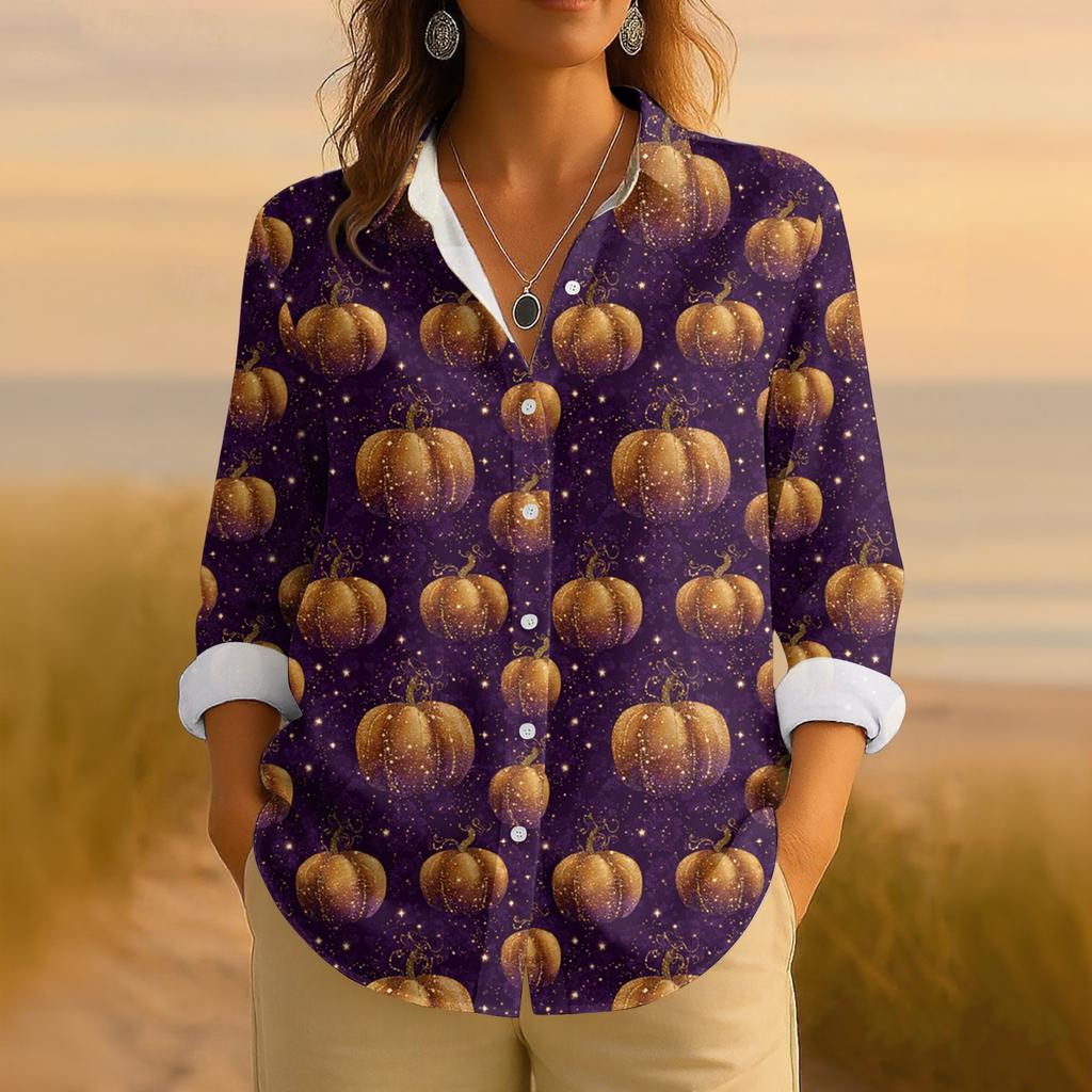 Dámská retro halloweenská potištěná košile s dlouhým rukávem na knoflíky, ležérní top s klasickým límečkem