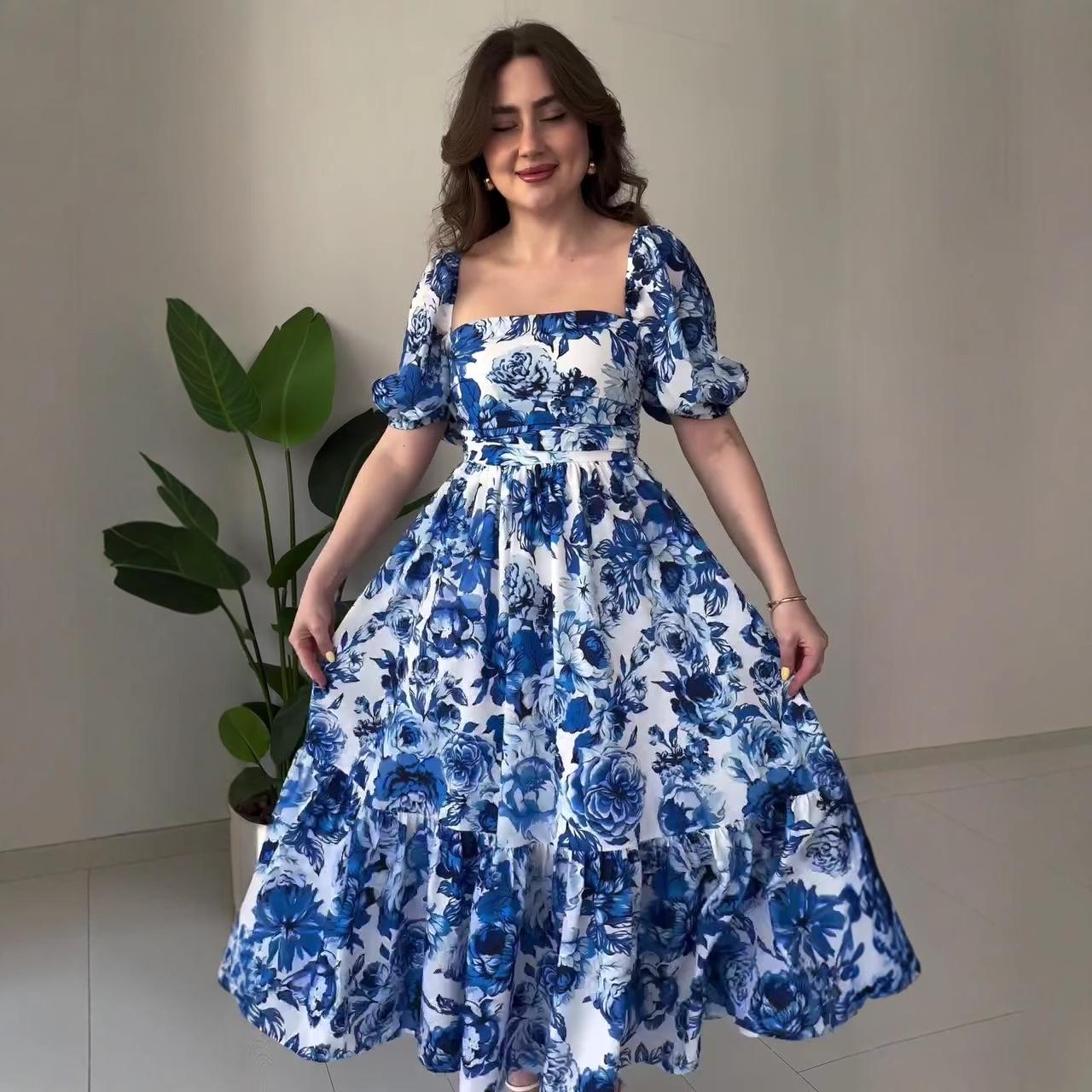 

2025 Bohemian Graffiti Puff Sleeve Backless Waist-Cinching French Style Long Dress for Women L