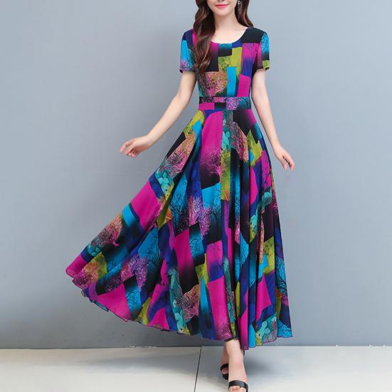 Kobiety ubierają kolorowy nadruk z dużym obszyciem Letnia długa sukienka w kształcie litery A Streetwear