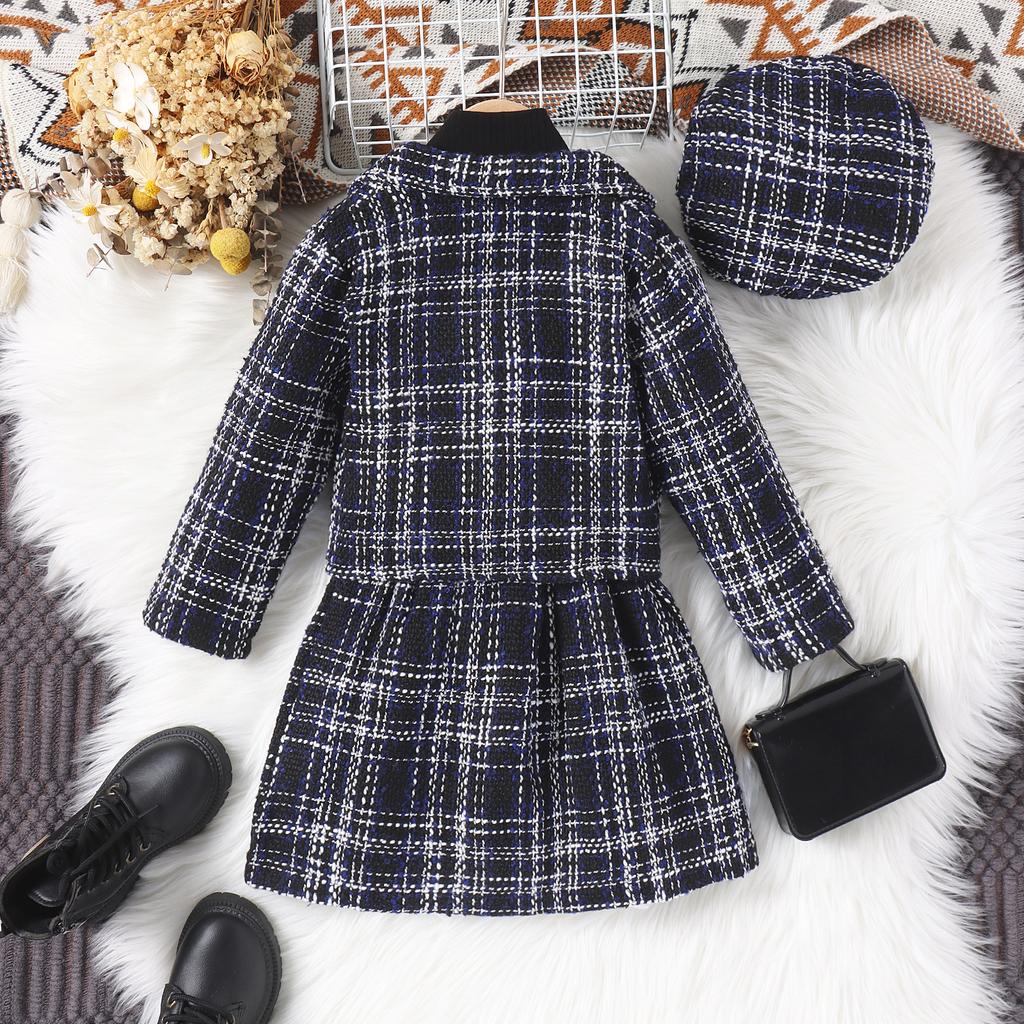 Girls Fashion Suit Autumn and Winter Children's Casual Coat Turtleneck Top Plaid Skirt Hat Suit