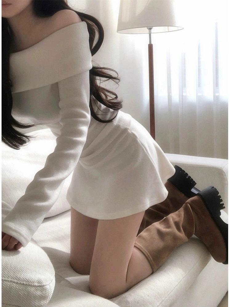 Auf Lager 2025 Herbst/Winter Koreanischer Stil One-Shoulder Strick Woll Bodycon Kleid