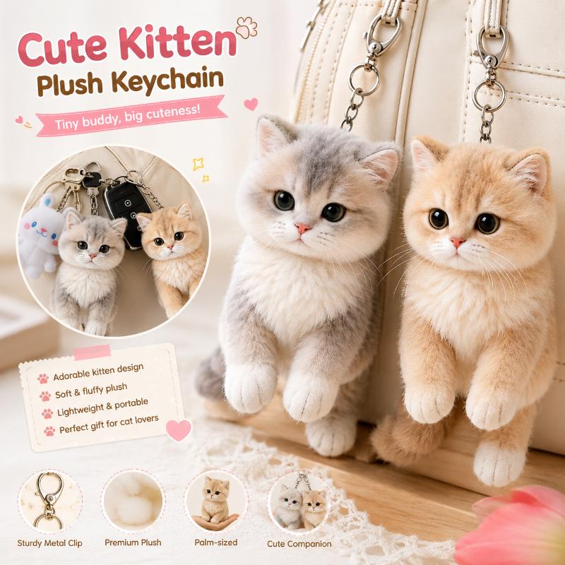 Cute Cartoon Kitten Pendant Cat Keychain Metal Clip Furry Texture Soft Realistic Kitten Shape Bag Charm Animal Keychain Gift