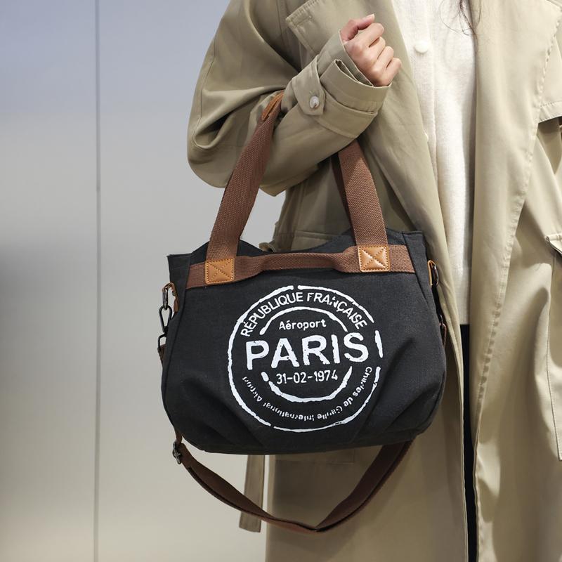 Women's Vintage Minimalist Paris Letter Print Commuter School Travel Small Crossbody Bag Handbag Tote Bag Large Capacity with Zipper Shoulder Bag