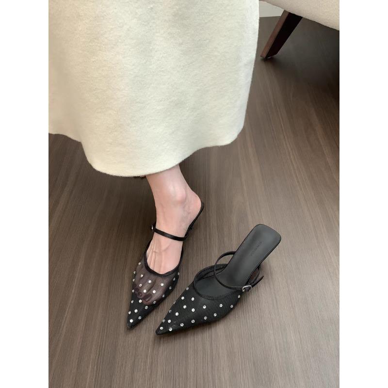 Mode Neue Sommer Damen Sandalen Strass Glänzendes Netz Hohe Absätze Schuhe Elegant Slingback Spitz Slip-on Party Damen Pumps Schuhe
