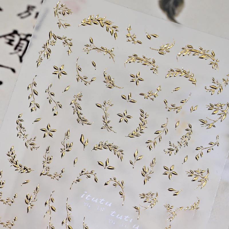 

1 лист 3D цветы горячий тиснение лист наклейки для ногтей летние украшения наклейки для ногтей слайдер листья золотой