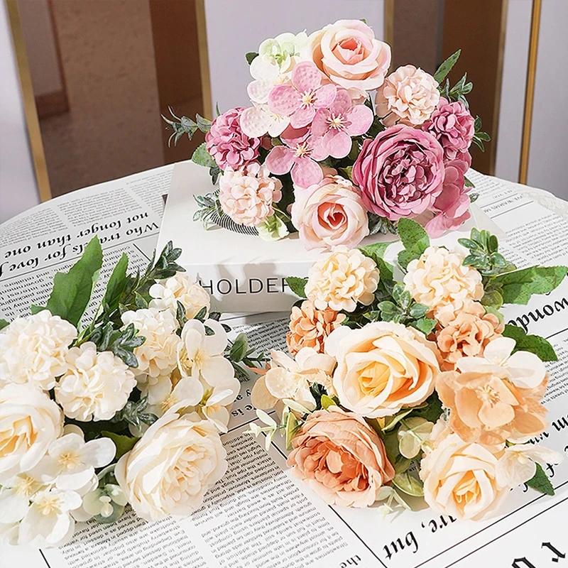 Artificial Flowers Decor 7 Heads Silk Peony Rose Hydrangea Bouquet Home Christmas Party Decorations Wedding Bride Fake Flowers