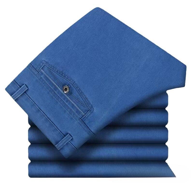 Straight Leg Loose Fit Stretch Jeans for Autumn/Winter - Mid-Rise, Thick Denim for Middle-Aged & Older Men