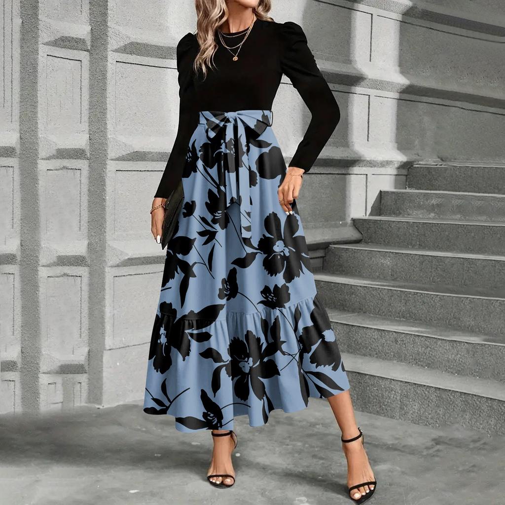 Women's Floral Print High Waist Fashionable And Elegant Dress