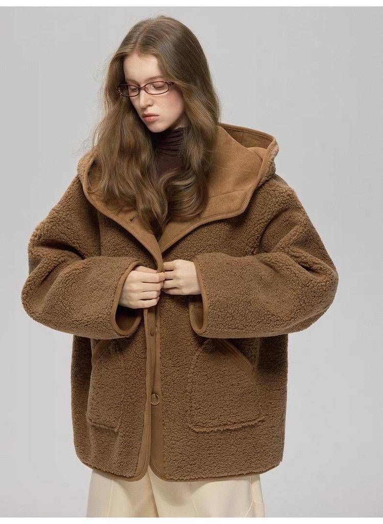 2025 Fall/Winter Women's Hooded Lambswool Fur Coat - Thickened Texture & Button-Up Design