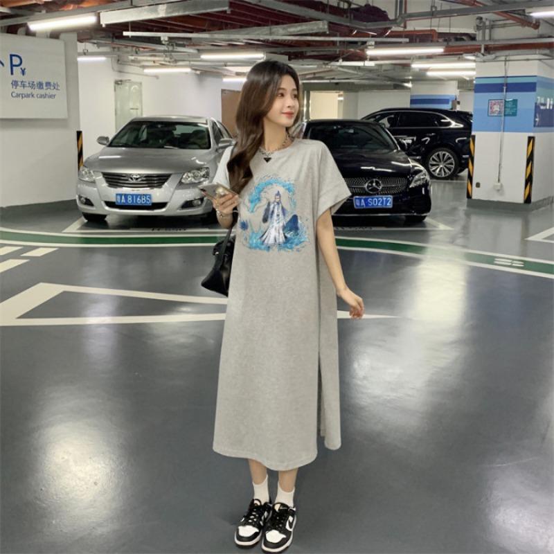 Women's Printed T-shirt Dress Short Sleeve Summer Loose Medium Length Plus Size Casual Dress