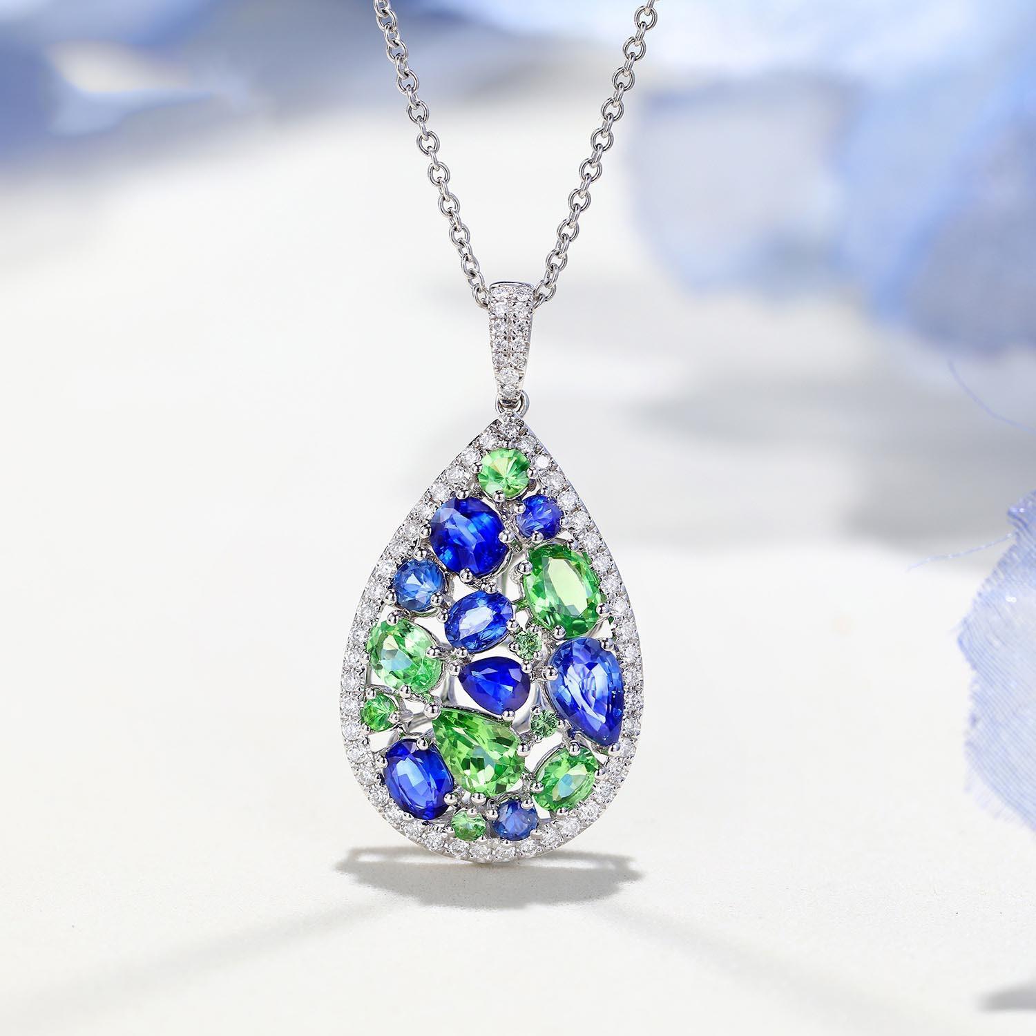 Silver Tone Teardrop Multicolor Crystal Jewelry Set (Necklace + Hoop Earrings)