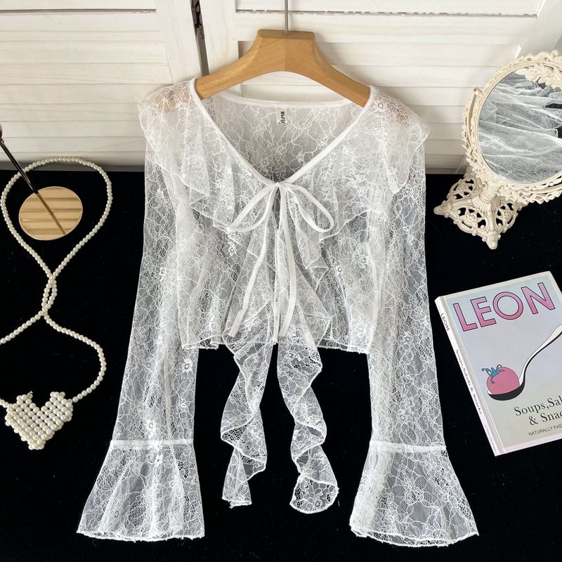 

Sweet Gentle Atmosphere Bell Sleeve Sun Protection Shirt Women s Summer Lace up Lace Ruffles Ribbon Design Shawl Blouse White One size