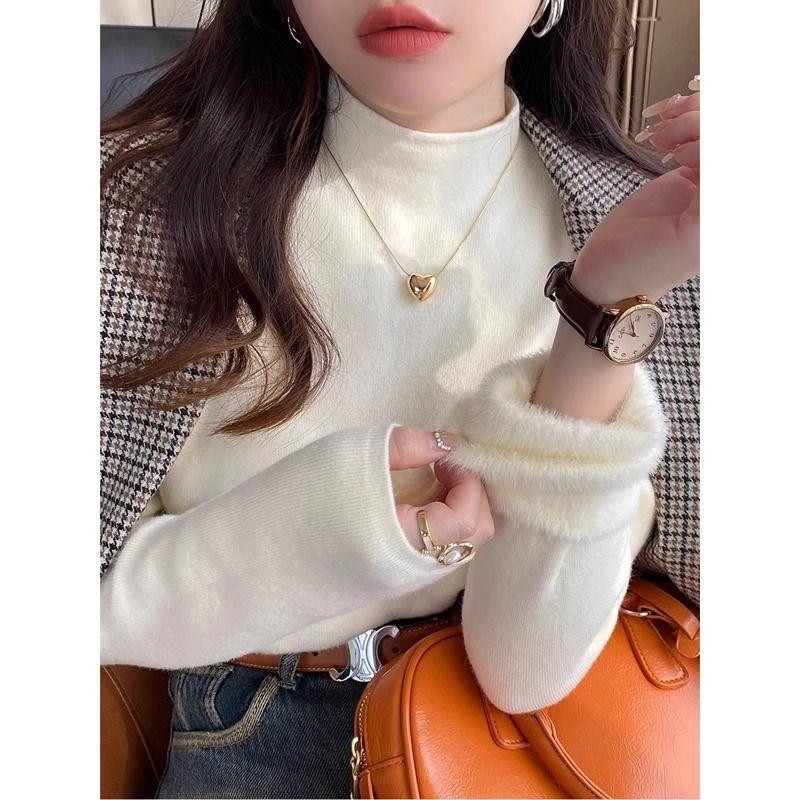 Chu Zhiwen autumn and winter semi-turtleneck integrated mink velvet piled thickened sweater women's versatile warm solid color bottoming shirt women