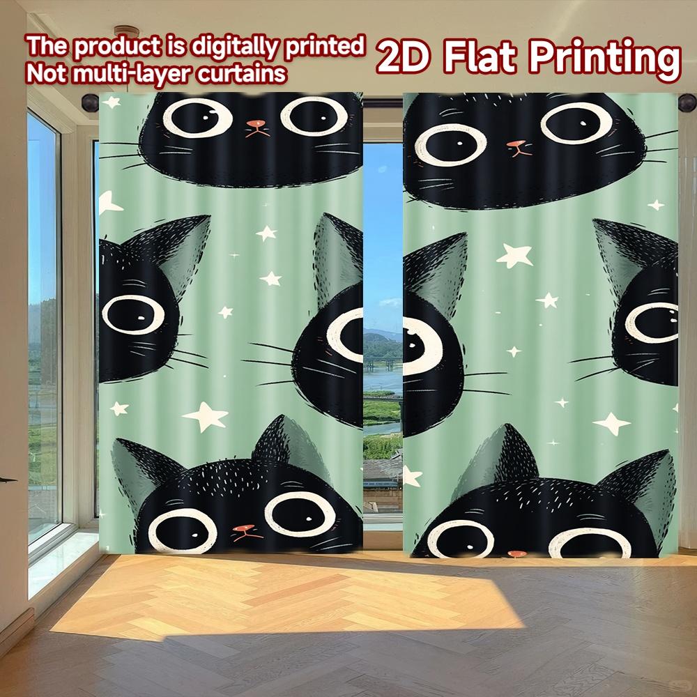 

Set Of 2 Flat Printing Curtains Without Rod Halloween Black Cat Faces Valentine Is Day Festival Popular Drapes Fabric Made Polyester W100*H70(CM)-Grommet top&2PCS
