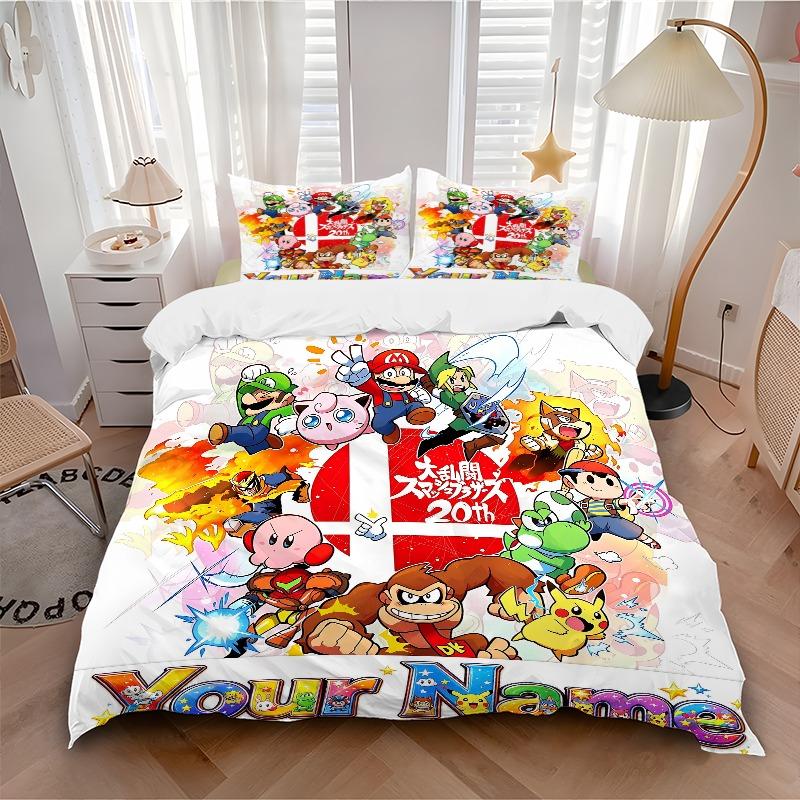 Super Smash Bros Characters Bedding Set Personalized Washable Custom 3Pcs Duvet Cover Pillowcases Soft Microfiber Home Bedroom Gift