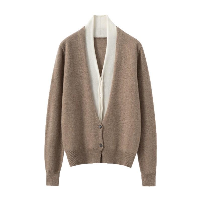 Cashmere Women's V-neck Two-tone Faux Layered Knit Sweater Cardigan for Autumn/Winter 2025