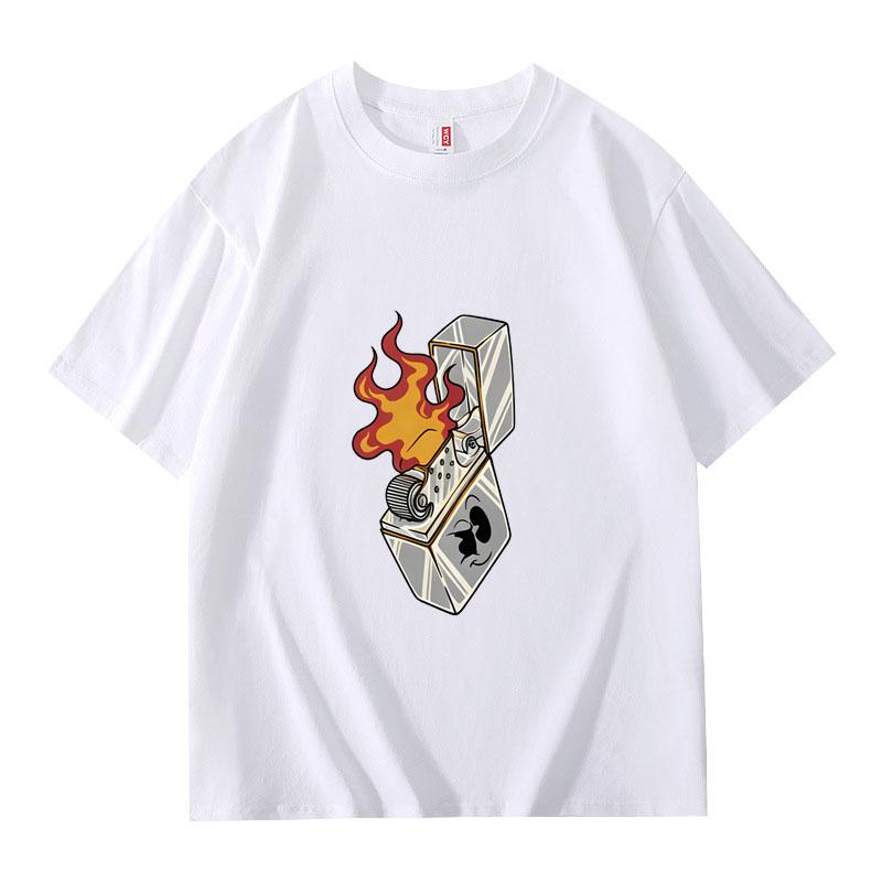Street Style Flame Print Casual Half Sleeve T-Shirt Unisex Summer New Cotton round Neck Short Sleeve T-Shirt Breathable Cool L