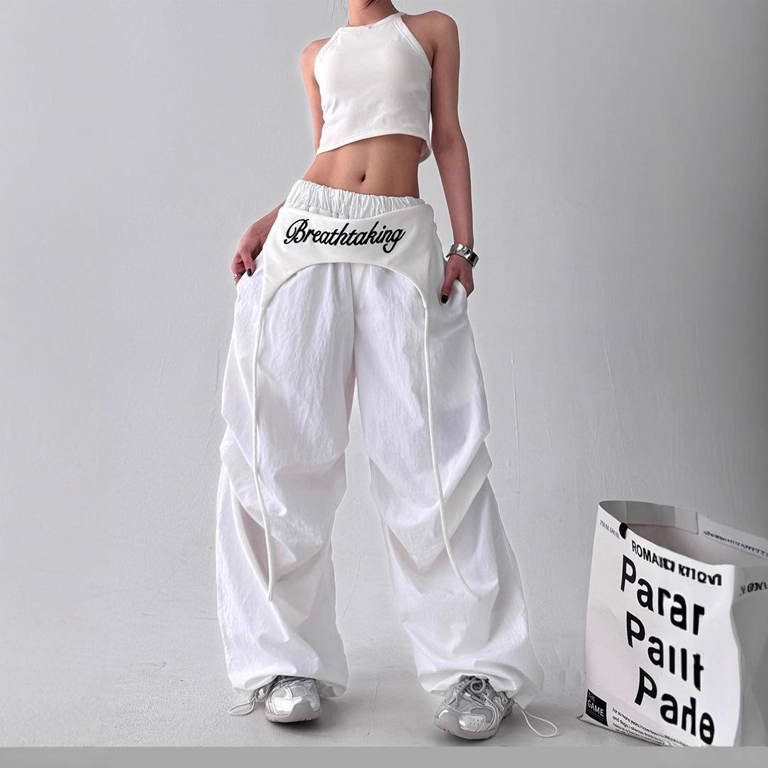 Red Wide Leg High Waist Pants with Elastic Waist S