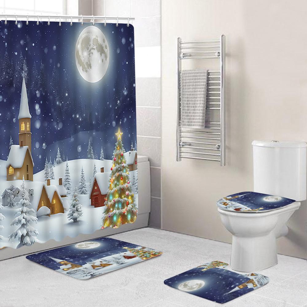 Christmas Toilet Cover Shower Curtain Floor Mat Set Santa Carpet Door Mat Foot Mat Non-Slip Mat