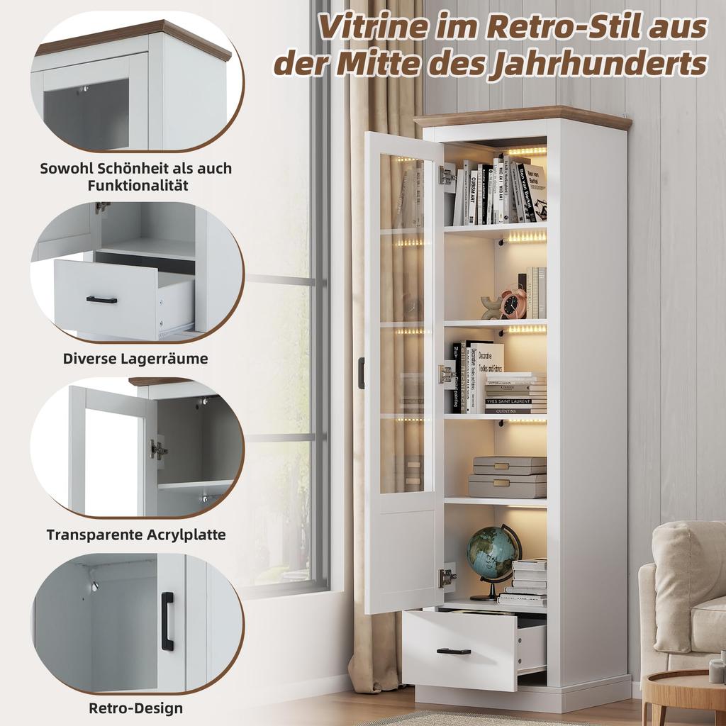 Witryna ze światłami LED, Szklana witryna szuflady 5 półek, Nowoczesny regał wysoki szafka kuchenna salon sypialnia biuro przedpokój, Biały, 178cm