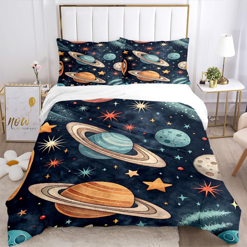3pcs Galaxy Planets Bedding Set, Includes Without Pillow Inserts, Soft Comfortable Bedding Set,All-Season Use a0924076